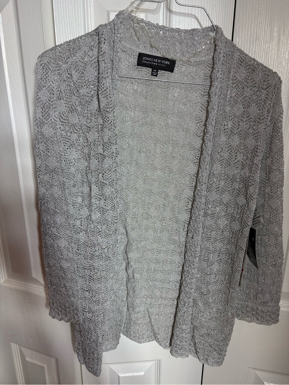 Jones New York Silver-Gray Lace Knit Open-Front Cardigan